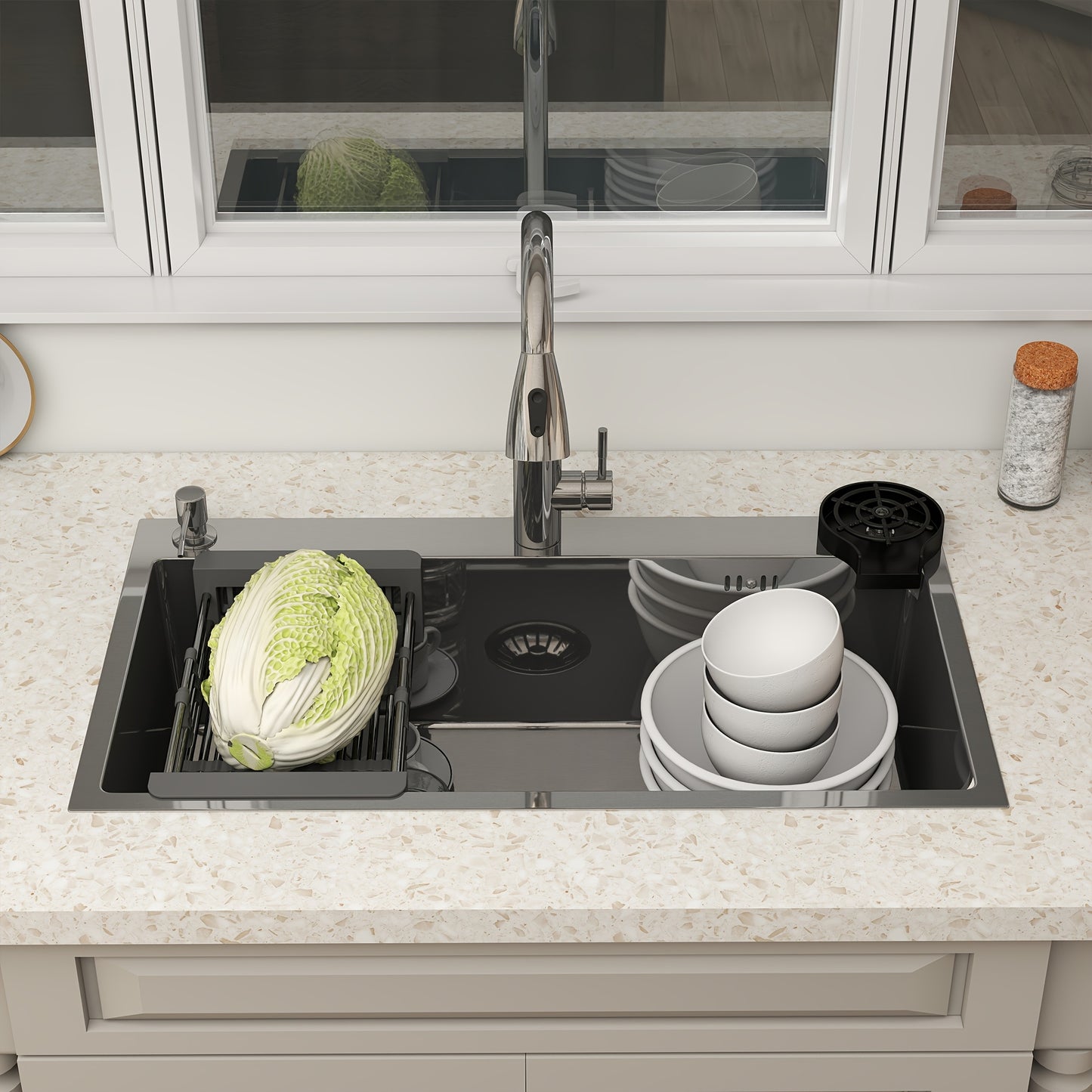 28" 30" 32" Kitchen Sink Stainless Steel Single Bowl Drop In Top Mount Imitation Honeycomb Nano Coating Single Bowl Kitchen Sink With Stainless Steel Drawable Faucet, Telescopic Basket, Soap Dispenser