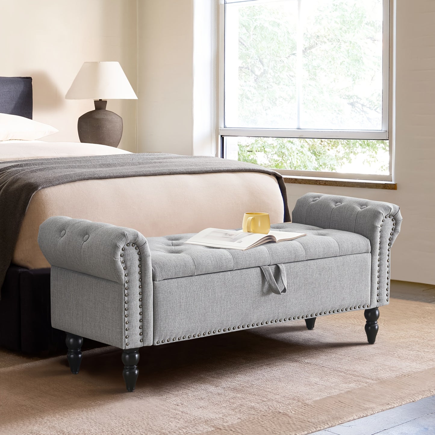 FURNIMART Luxury Mid-Century Modern Wooden Storage Bench with Roll-Up Arms - Large Capacity Flip-Top Design, Durable Recycled Wood, Easy Assembly for Bedroom, Living Room, Hallway