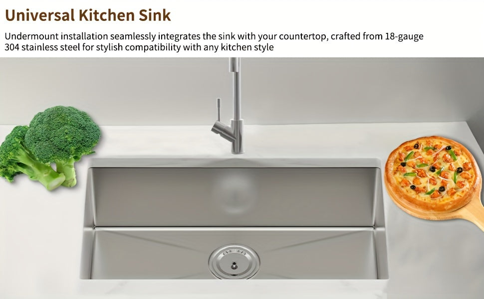 30 Inch Undermount Kitchen Sink - Delironexu 18 Gauge Stainless Steel Handmade Single Bowl Kitchen Sinks With Brushed Finish, Modern Sink, 30"x18"x9", Sink Only