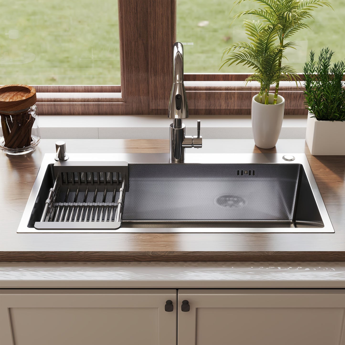 28" 30" 32" Kitchen Sink Stainless Steel Single Bowl Drop In Top Mount Imitation Honeycomb Nano Coating Single Bowl Kitchen Sink with Stainless Steel Drawable Faucet, Telescopic Basket, Soap Dispenser