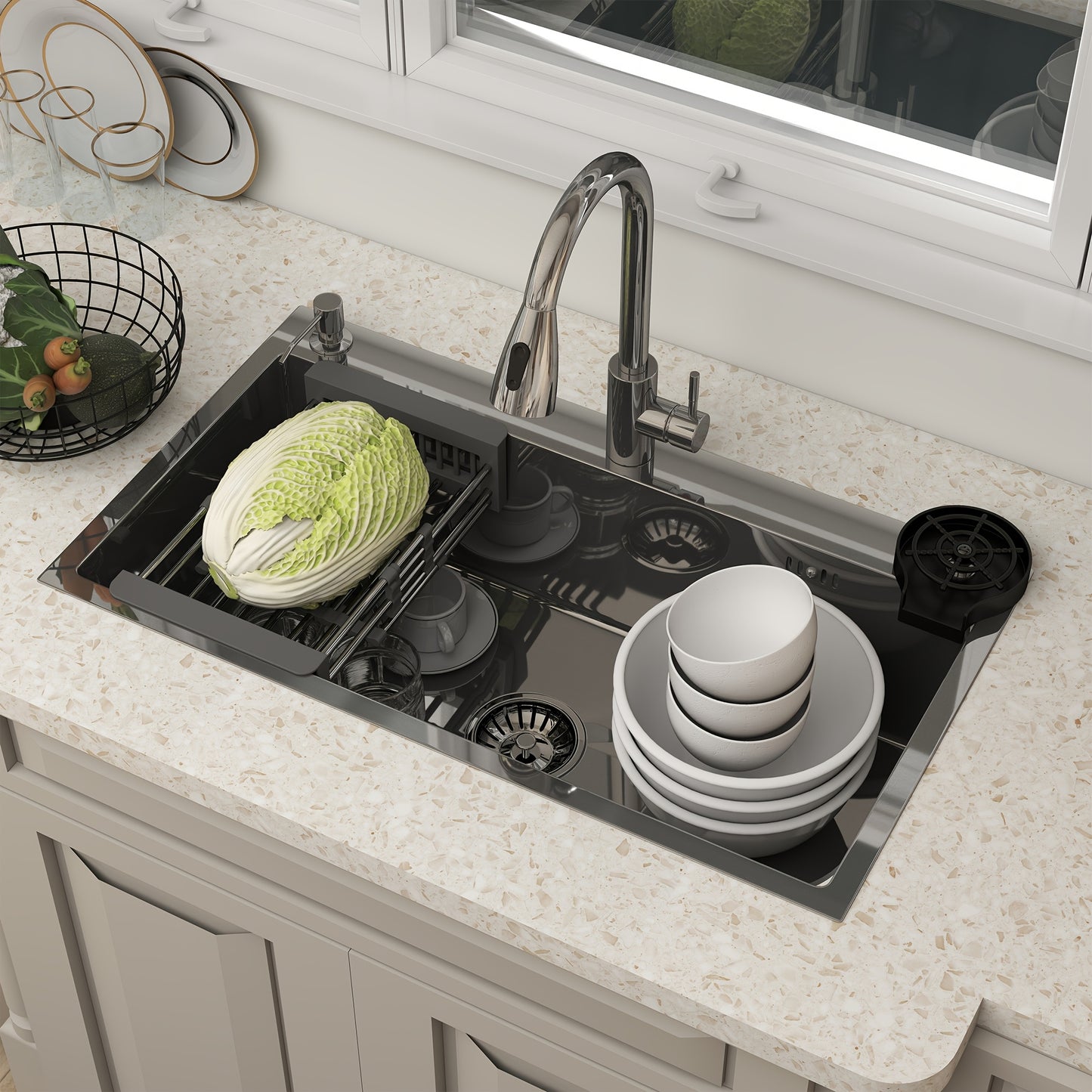 28" 30" 32" Kitchen Sink Stainless Steel Single Bowl Drop In Top Mount Imitation Honeycomb Nano Coating Single Bowl Kitchen Sink With Stainless Steel Drawable Faucet, Telescopic Basket, Soap Dispenser