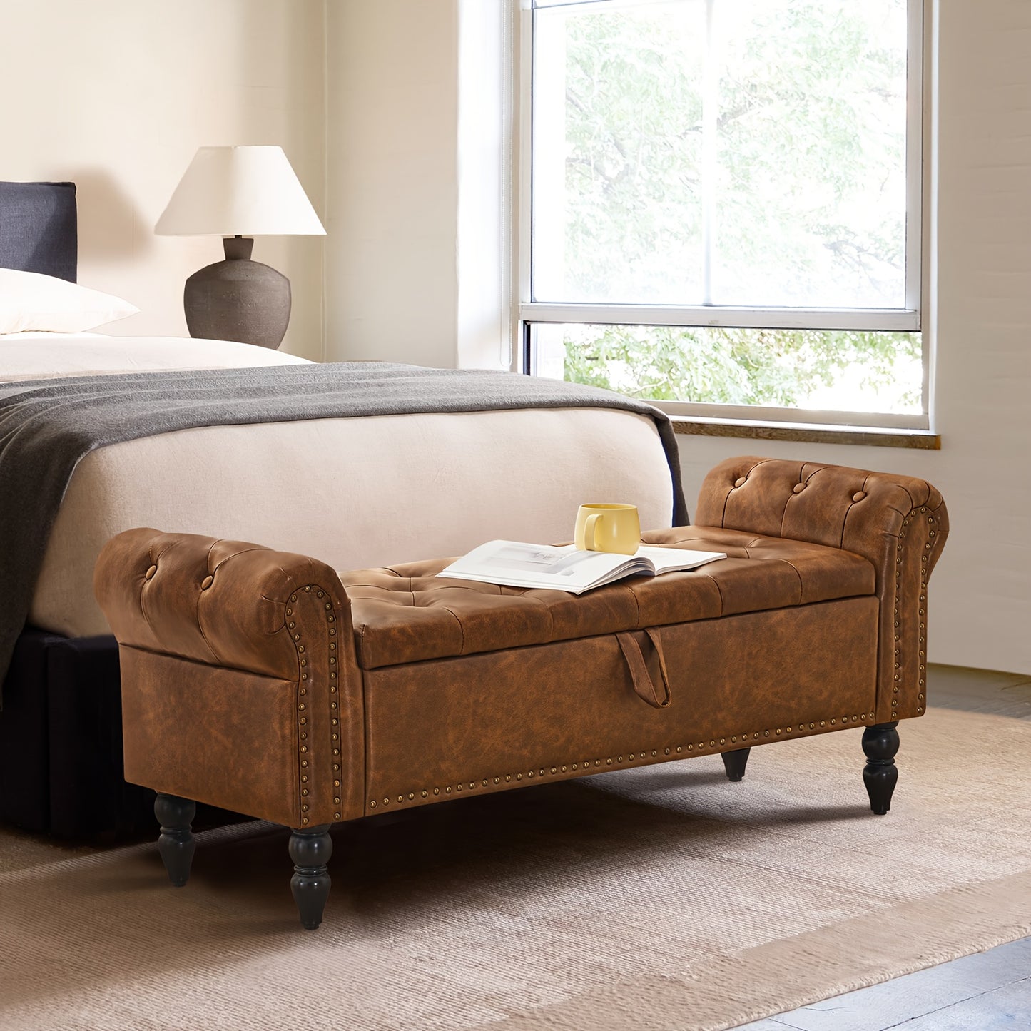 FURNIMART Luxury Mid-Century Modern Wooden Storage Bench with Roll-Up Arms - Large Capacity Flip-Top Design, Durable Recycled Wood, Easy Assembly for Bedroom, Living Room, Hallway