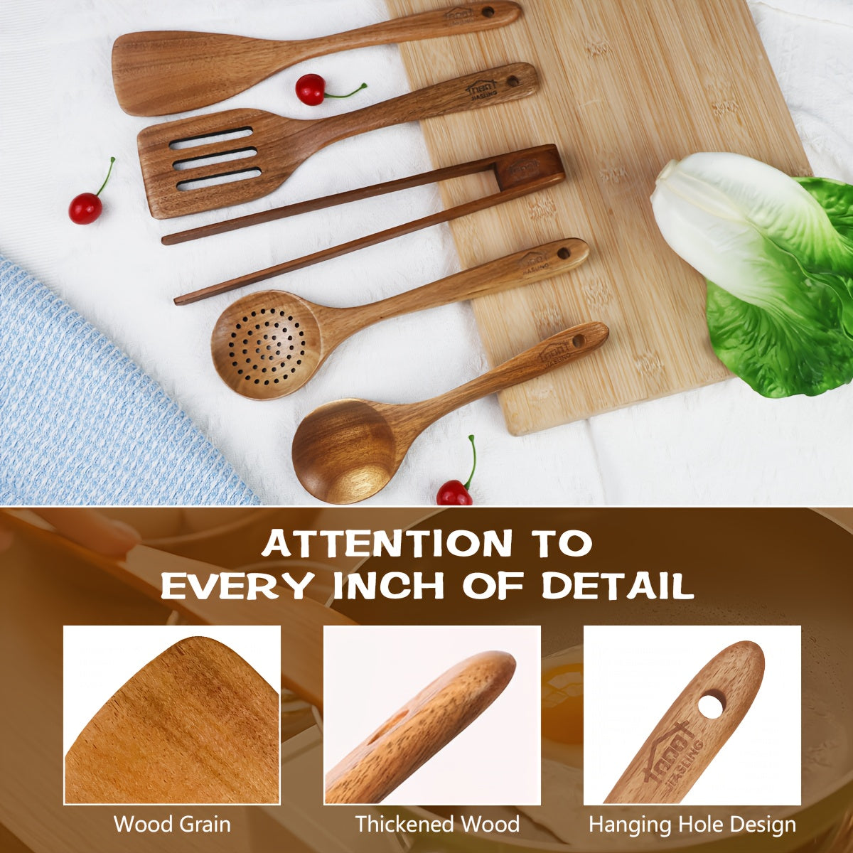 5pcs Premium Wooden Kitchen Utensils Kit -Ergonomic Handles Natural Wooden Spoons Spurtle Ladle and Wok Spatulas Heavy-Duty Wooden Utility Set for Non-Stick Pans Heat Resistant Easy to Clean and Durable Kitchen Essentials Coo