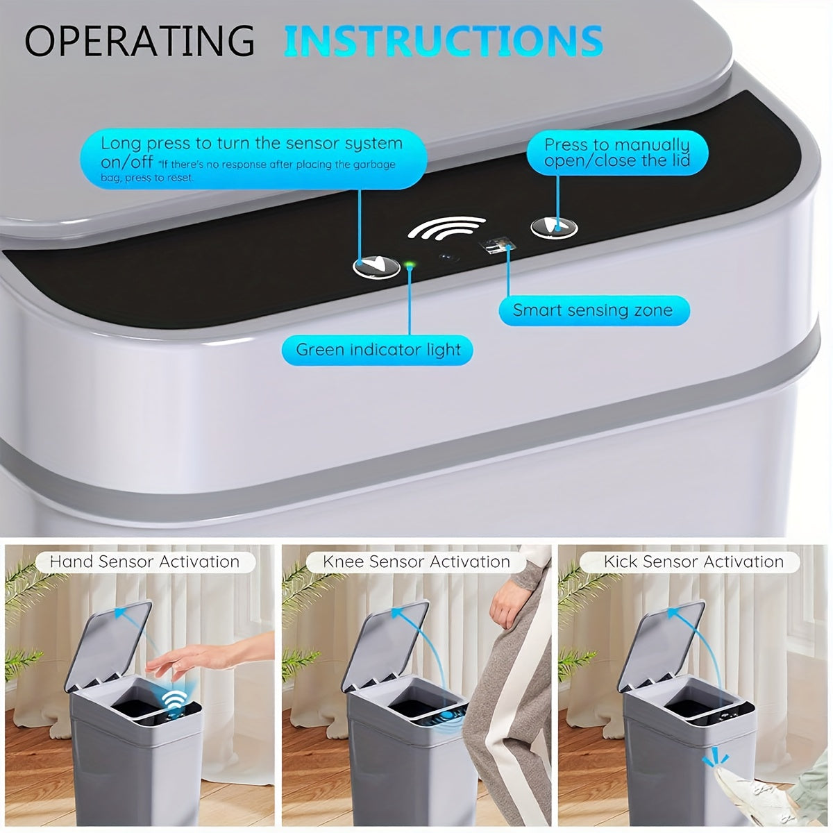 1 pack 17L/4.49gal Smart Kitchen Trash Can (enhanced version): multi-mode, kick-activated sensor, stay-open/closed button. AA batteries (not included), modern design - ideal for home, office, bathroom/kitchen, top Halloween/C