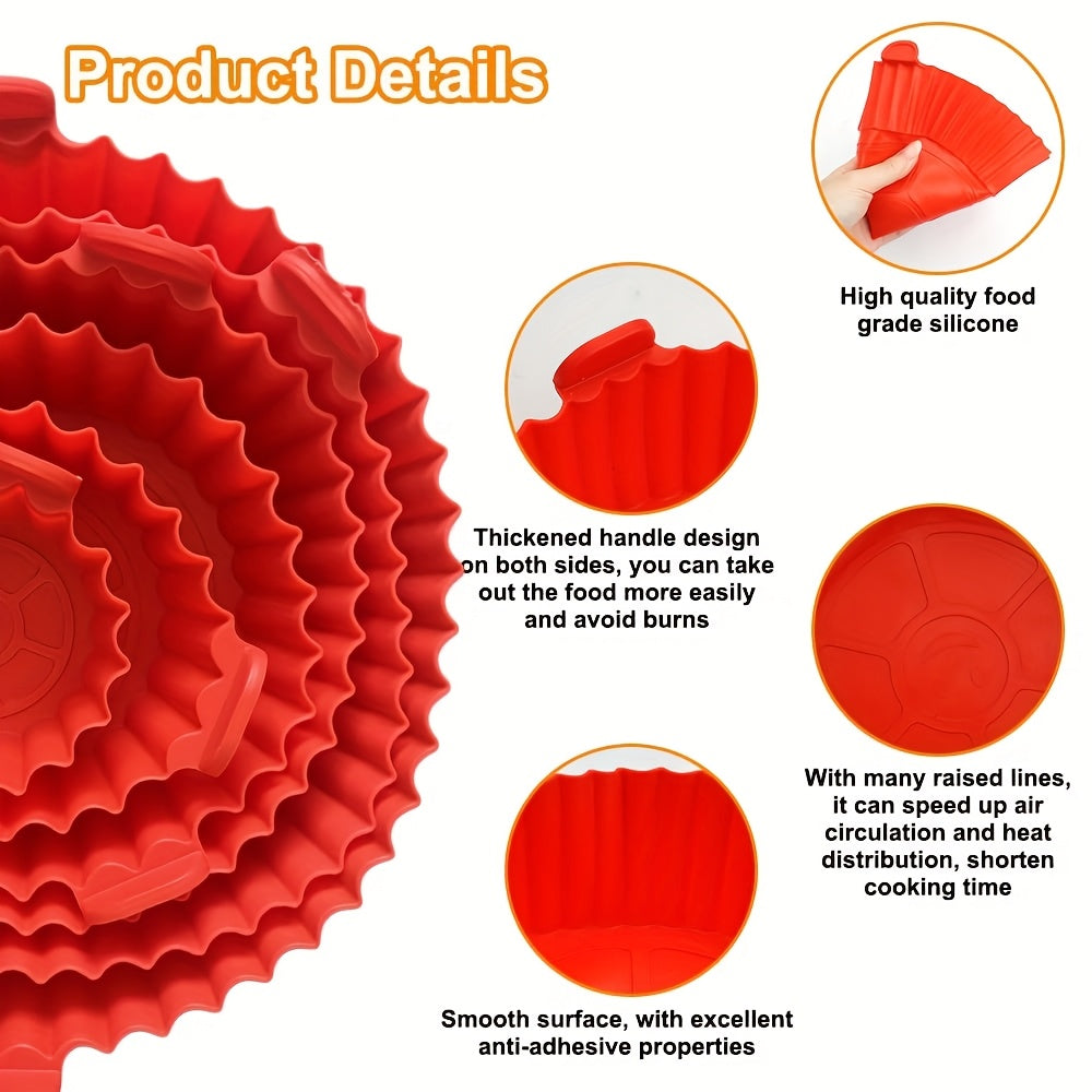 6 Red Silicone Liners for Air Fryers - Non-Stick, Featuring Wavy Edges for Even Cooking, Easy to Clean, Food Contact Safe, Perfect for Roasting Chicken, Fish, And Vegetables, Air Fryer Additions
