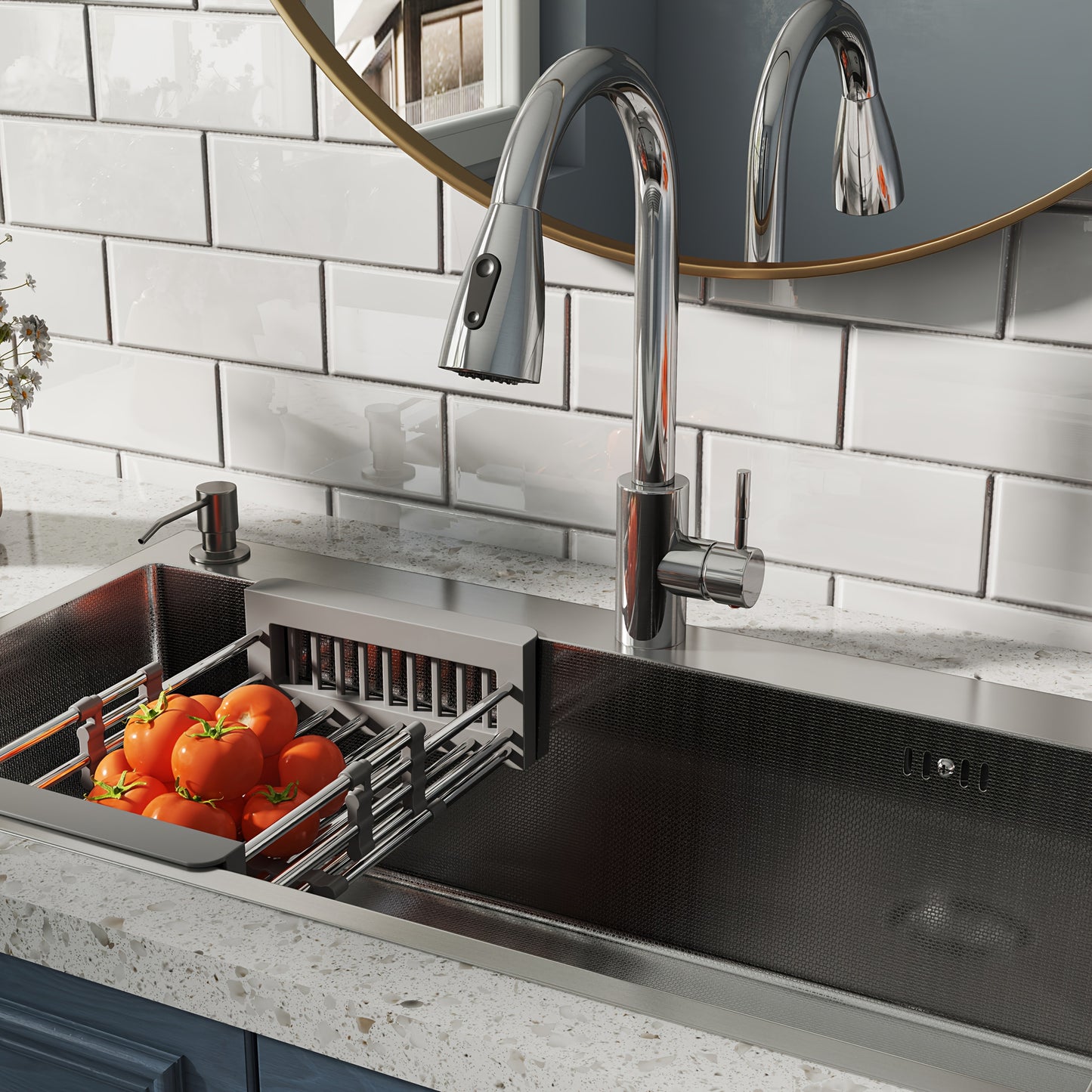 28" 30 "32" Kitchen Sink Stainless Steel Single Bowl Drip Top Installation Imitation Honeycomb Nano-coated Single Bowl Kitchen Sink Stainless Steel Retractable Faucet, Retractable Basket, Soap Liquid Dispenser, Cold And Hot A