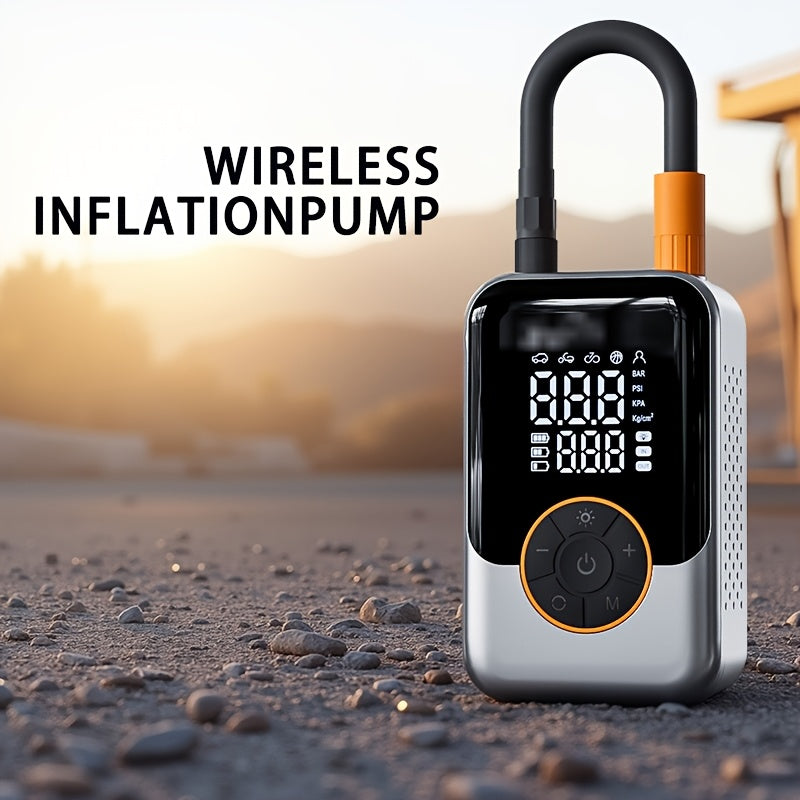 Portable wireless air pump with digital pressure gauge, built-in LED light and automatic pressure maintenance design, one-key smart air compressor, high-tech USB air compressor for cars, motorcycles, bicycles and sports equip