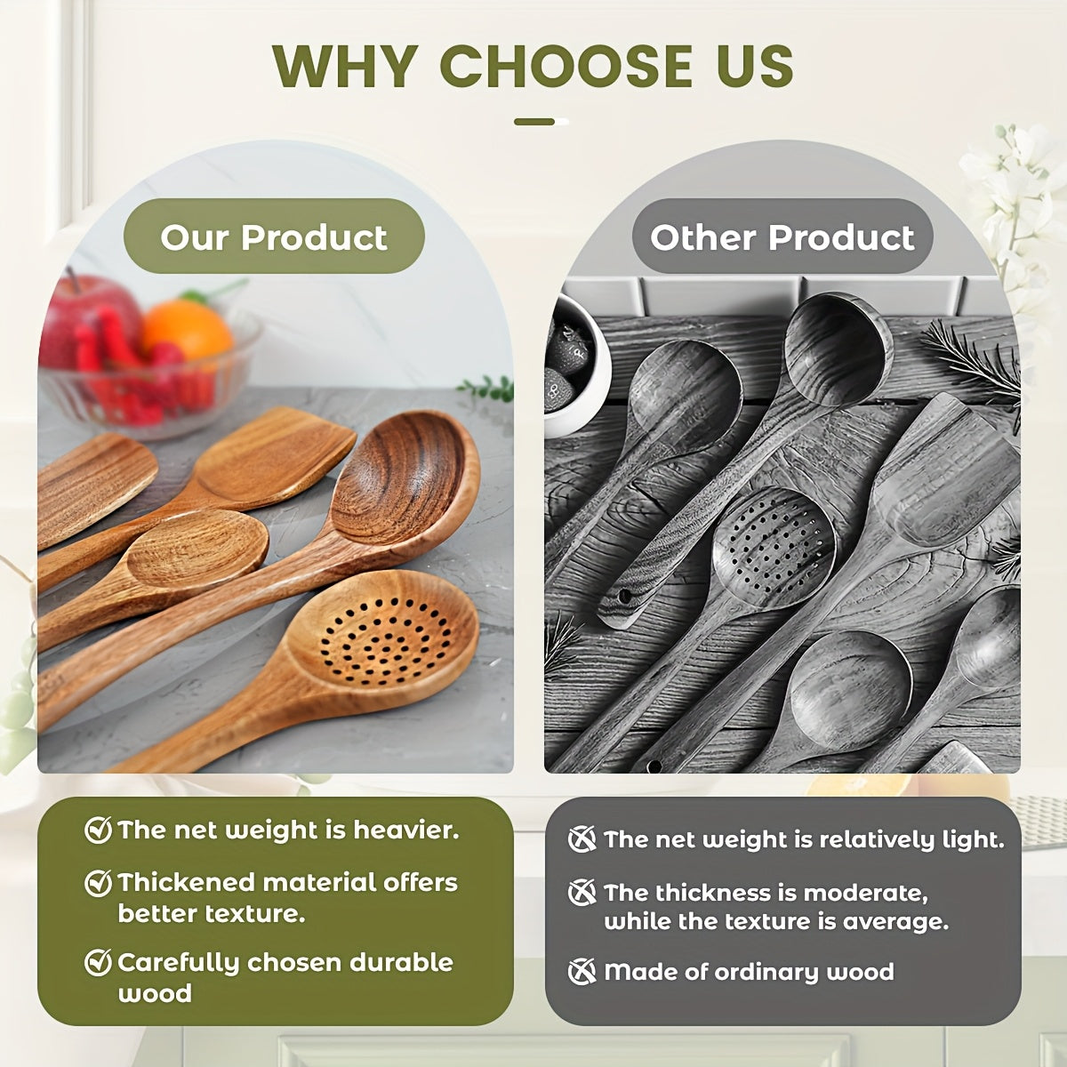 5pcs Premium Wooden Kitchen Utensils Kit -Ergonomic Handles Natural Wooden Spoons Spurtle Ladle and Wok Spatulas Heavy-Duty Wooden Utility Set for Non-Stick Pans Heat Resistant Easy to Clean and Durable Kitchen Essentials Coo