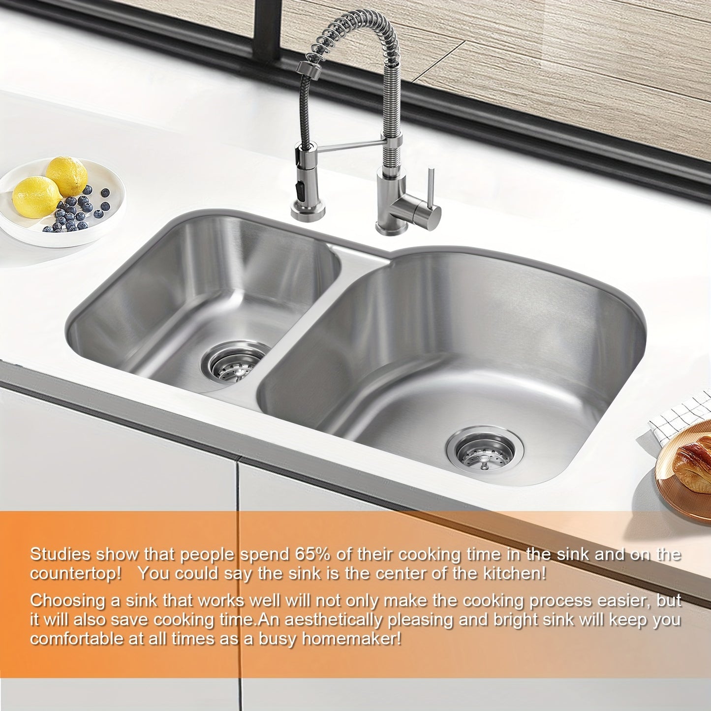Precision-Crafted, Modern 9" Stainless Steel Undermount Kitchen Sink - Double Bowl, Soundproof Design with Accessories, Rust-Resistant & Easy Drainage, Basin Sink, 18 Gauge, JASSFERRY