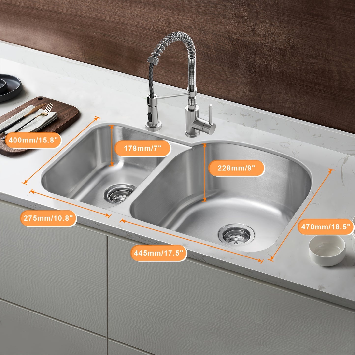 Precision-Crafted, Modern 9" Stainless Steel Undermount Kitchen Sink - Double Bowl, Soundproof Design with Accessories, Rust-Resistant & Easy Drainage, Basin Sink, 18 Gauge, JASSFERRY