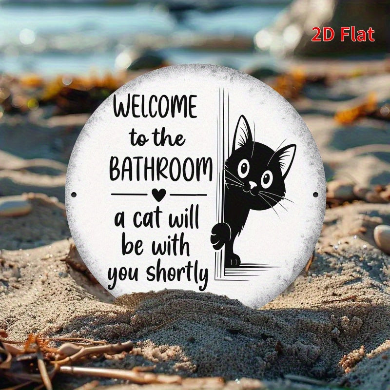 2D Flat, 2D Flat Printing Bathroom Cat Metal Plaque - Whimsical Black Cat with "Welcome to the Bathroom" Design, 7.8x7.8in, Ideal for Home, Office, Bedroom, Coffee Shop, Garage Decor - Perfect Holiday Gift, Cat Decor, Perfect