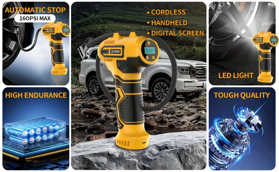Tire Inflator Portable Air Compressor With Auto-Shutoff, Handheld Air Pump, 150 PSI Cordless Car Tires Pump With Digital Pressure Gauge/LED Light For Cars, Motorcycles, Bikes, Ball - Compact, Rechargeable, And Easy-to-Use Des