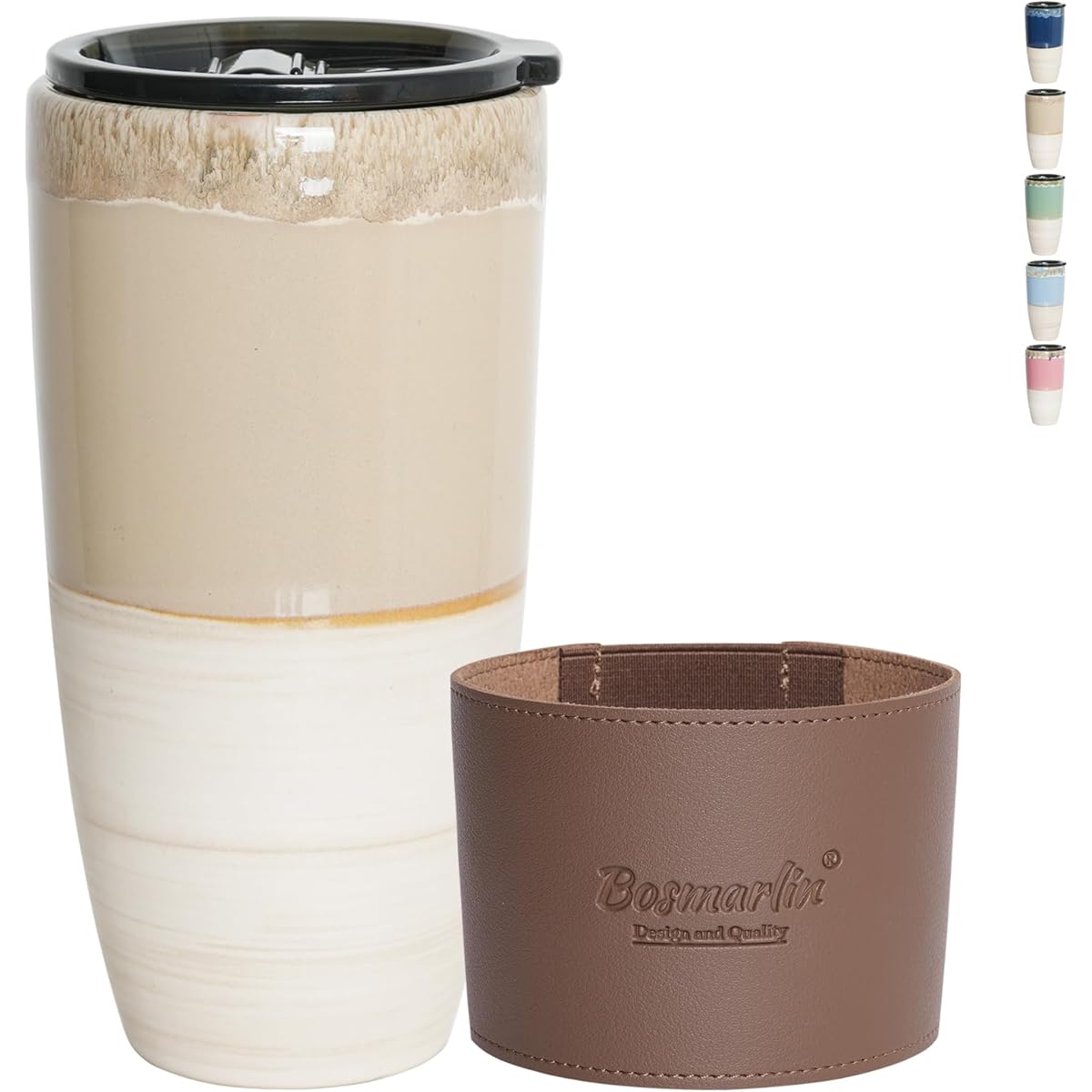 21oz Ceramic Travel Coffee Mug with Lid - Microwave & Dishwasher Safe, Spill-Proof Car Cup Holder Compatible, Reactive Glaze Insulated Design, Elegant Brown/Grey Marbled Pattern, Reusable Coffee Cup for On-the-Go, Office & Ho