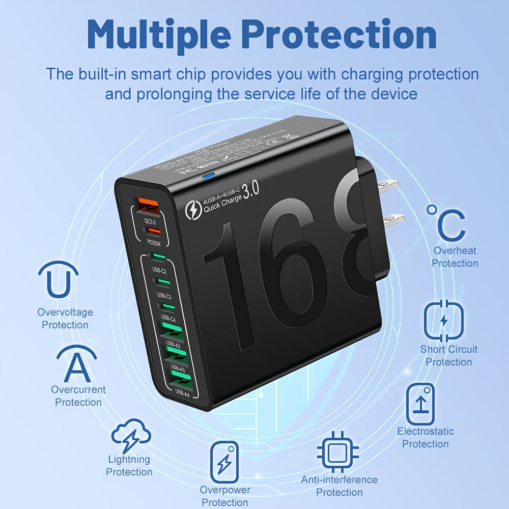 [8 in 1 Fast Charger] KAXOE 8 in 1 Fast Charging USB Phone Charger Adapter | 4 USB + 4 Type-C Phone Charger USB Plug Outlet QC 3.0 USB Charger for iPhone for Samsung