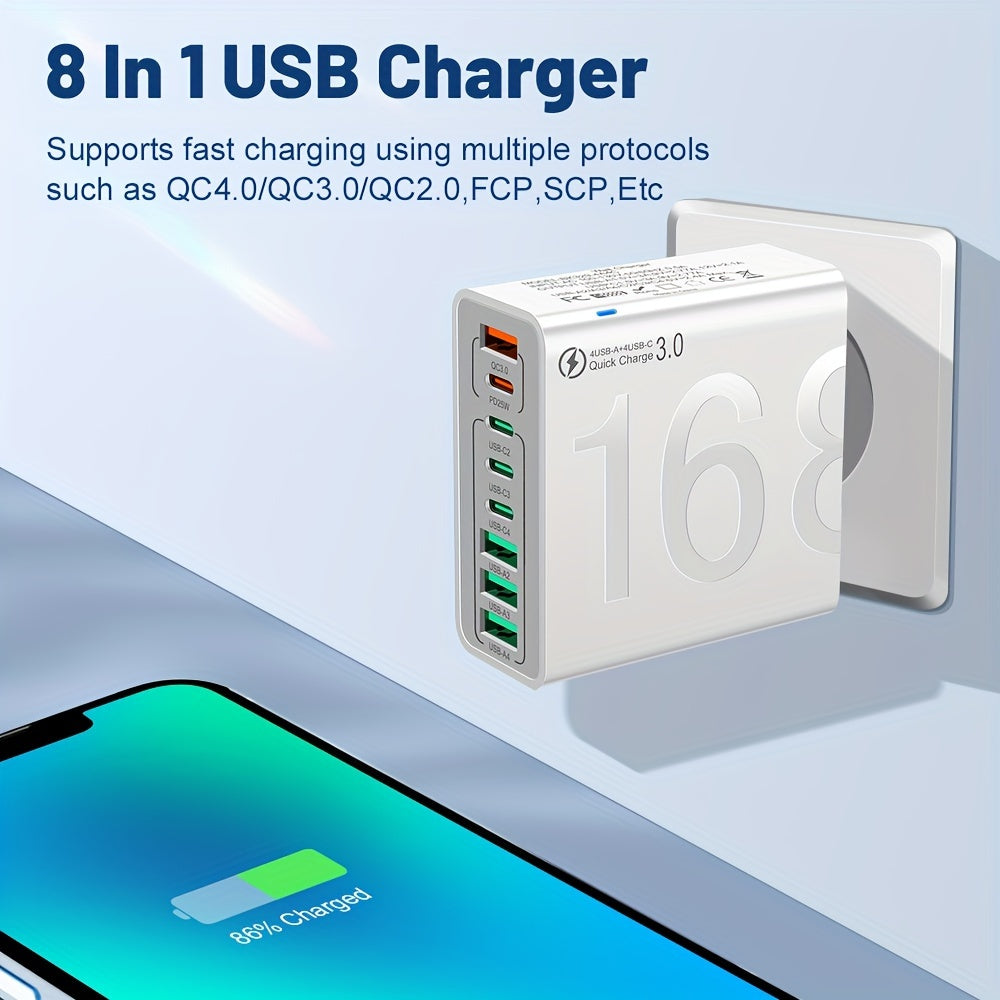 [8 in 1 Fast Charger] KAXOE 8 in 1 Fast Charging USB Phone Charger Adapter | 4 USB + 4 Type-C Phone Charger USB Plug Outlet QC 3.0 USB Charger for iPhone for Samsung