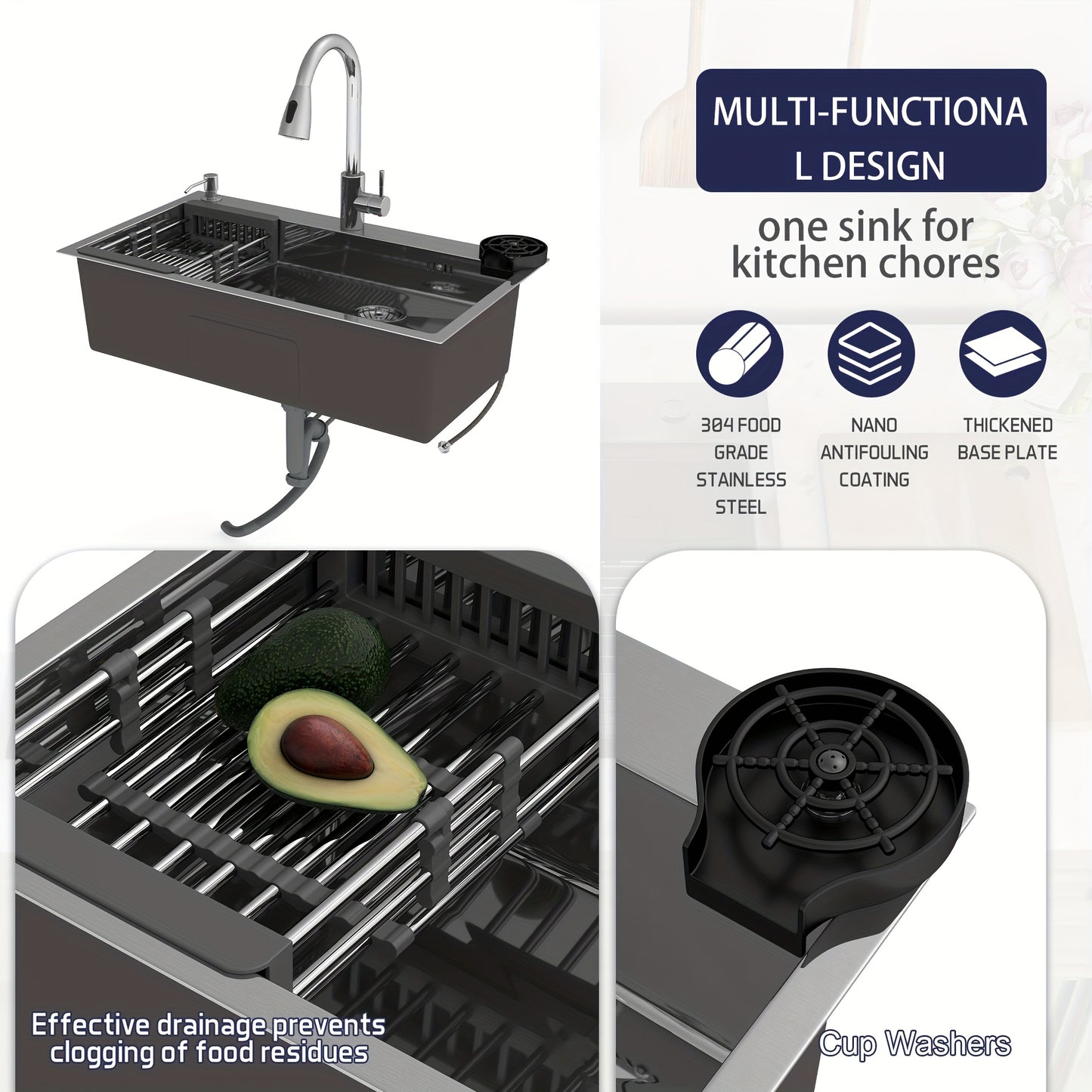 28" 30" 32" Kitchen Sink Stainless Steel Single Bowl Drop In Top Mount Imitation Honeycomb Nano Coating Single Bowl Kitchen Sink With Stainless Steel Drawable Faucet, Telescopic Basket, Soap Dispenser