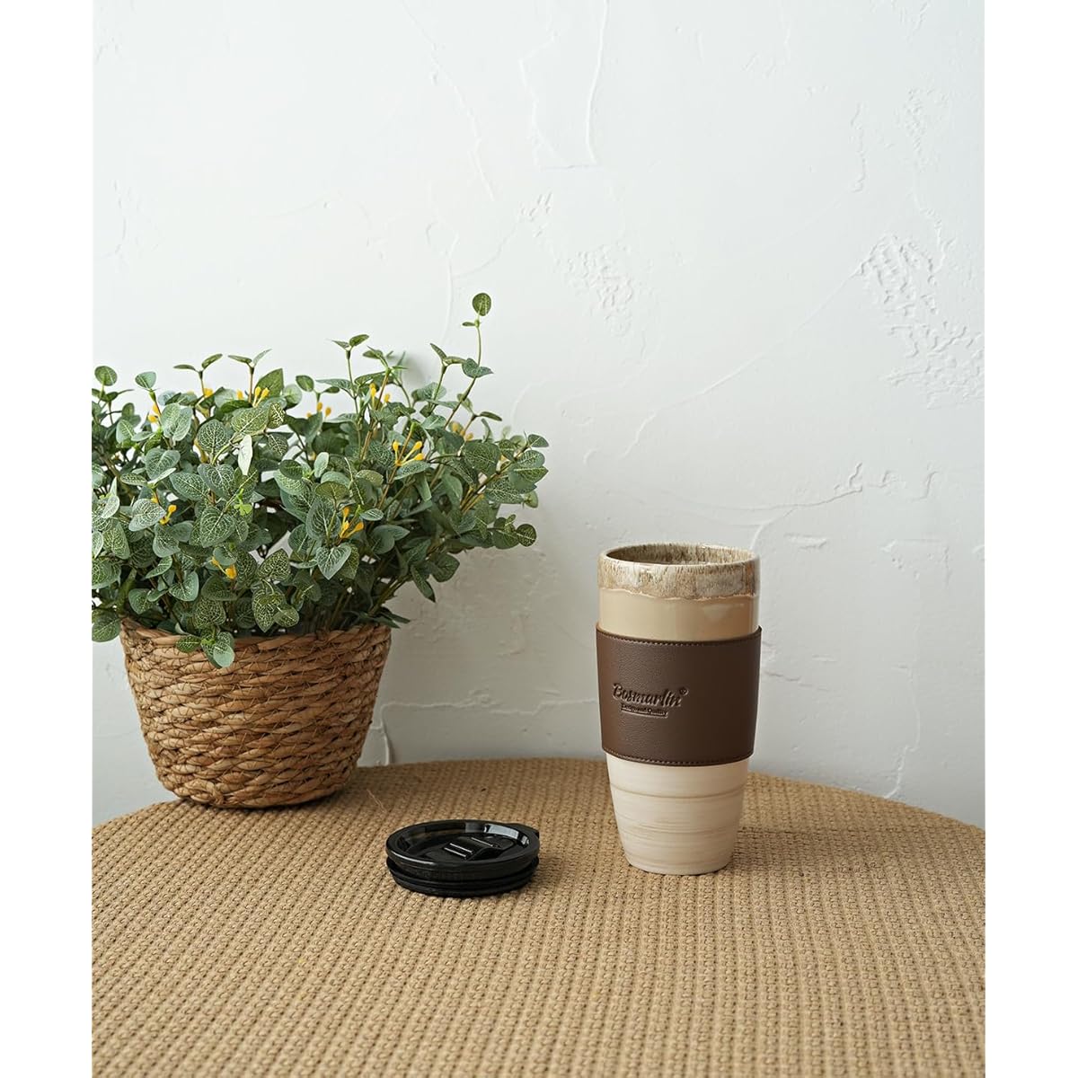 21oz Ceramic Travel Coffee Mug with Lid - Microwave & Dishwasher Safe, Spill-Proof Car Cup Holder Compatible, Reactive Glaze Insulated Design, Elegant Brown/Grey Marbled Pattern, Reusable Coffee Cup for On-the-Go, Office & Ho