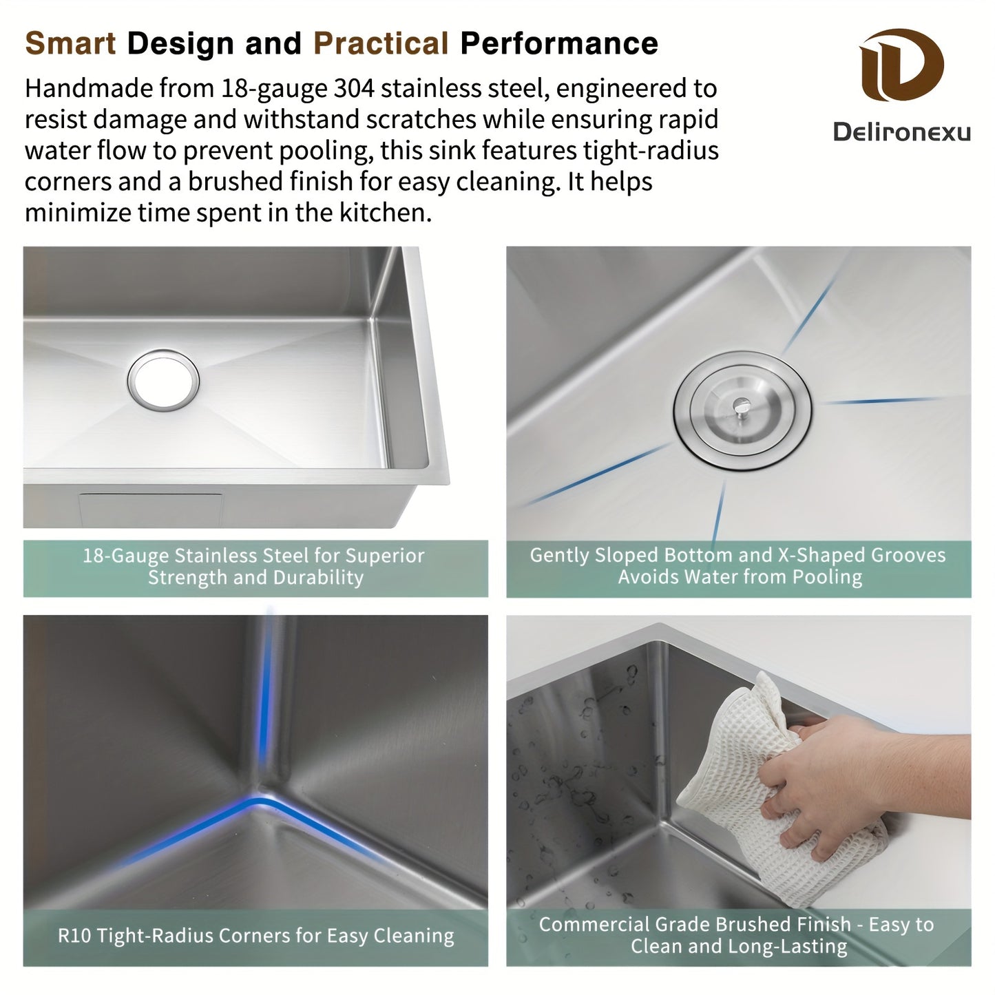 30 Inch Undermount Kitchen Sink - Delironexu 18 Gauge Stainless Steel Handmade Single Bowl Kitchen Sinks With Brushed Finish, Modern Sink, 30"x18"x9", Sink Only