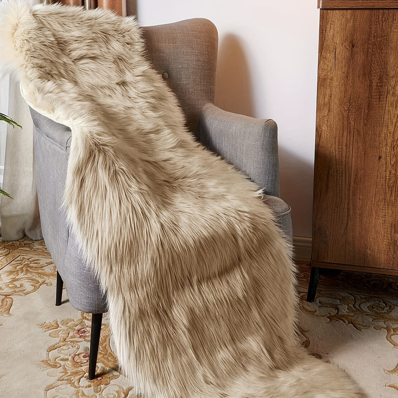 Soft Fluffy Mat - Beige/Neutral Colors, Plush Texture Mat for Living Room, Bedroom, Entryway - Machine Washable Modern Mat - Multi-Size Options Available