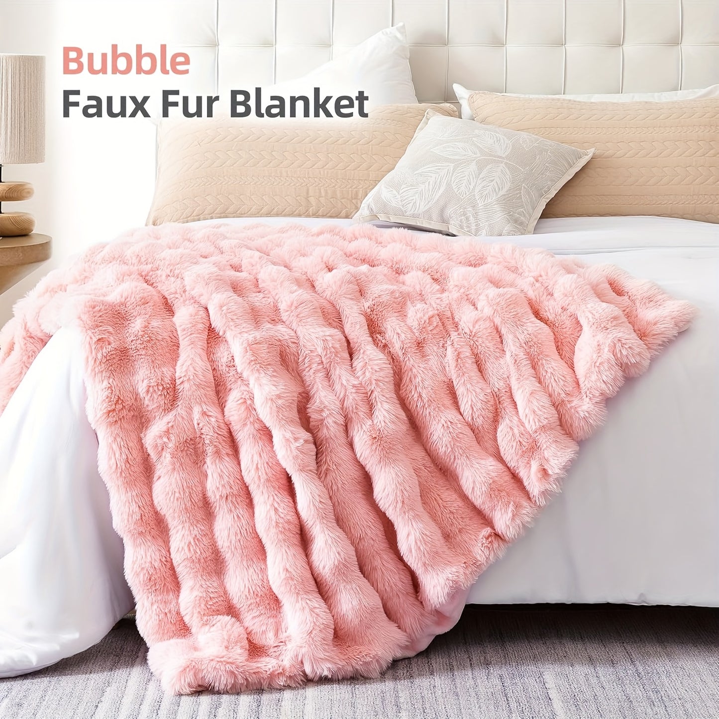 40"x60" Beige Faux Rabbit Fur Blanket - Plush Thick Bubble Texture All-Season Soft Cozy Bedspread, Beige-Tone Beige Furry Couch Cover for Bed, Sofa & - Luxury Bedding Accessory (No Pattern)