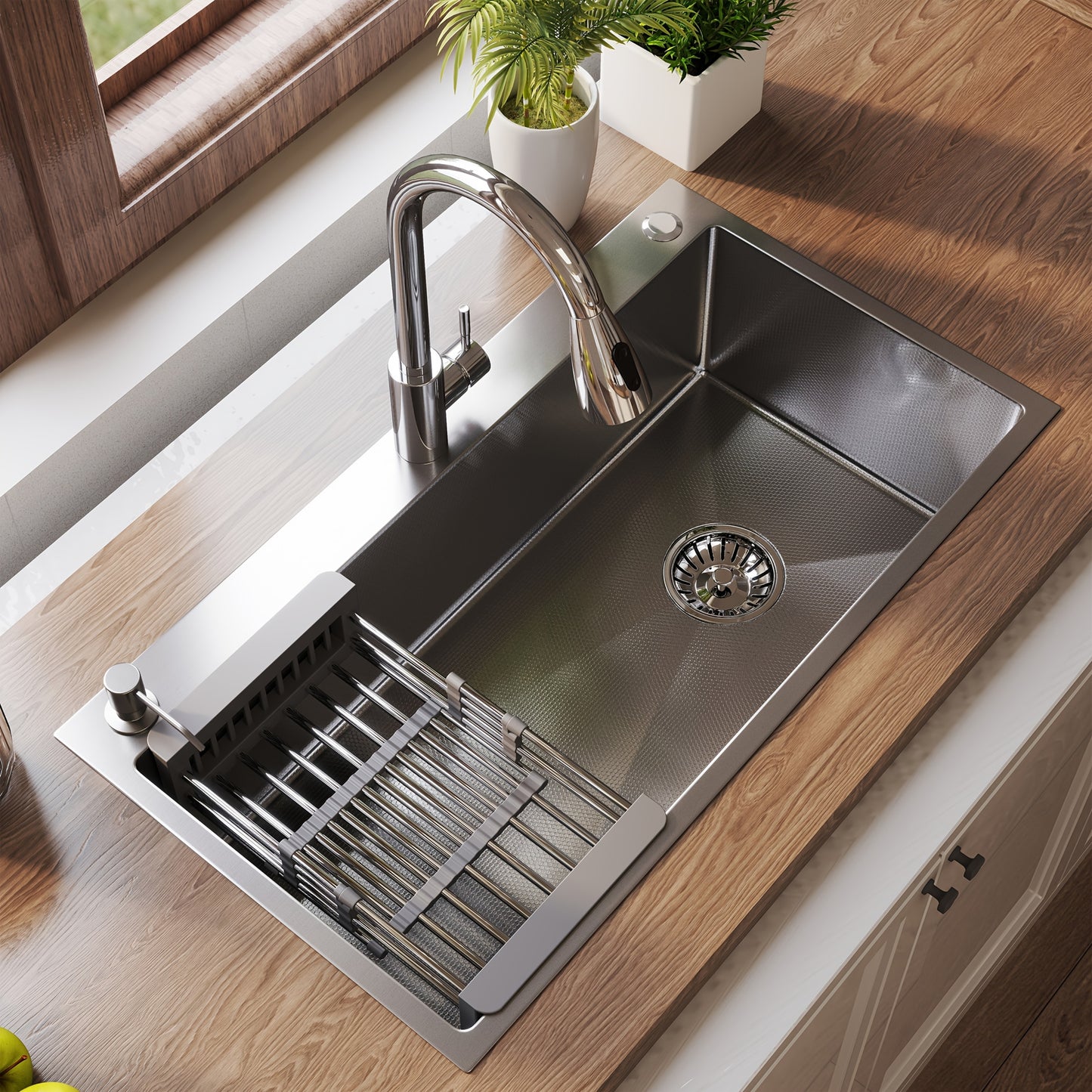 28" 30" 32" Kitchen Sink Stainless Steel Single Bowl Drop In Top Mount Imitation Honeycomb Nano Coating Single Bowl Kitchen Sink with Stainless Steel Drawable Faucet, Telescopic Basket, Soap Dispenser