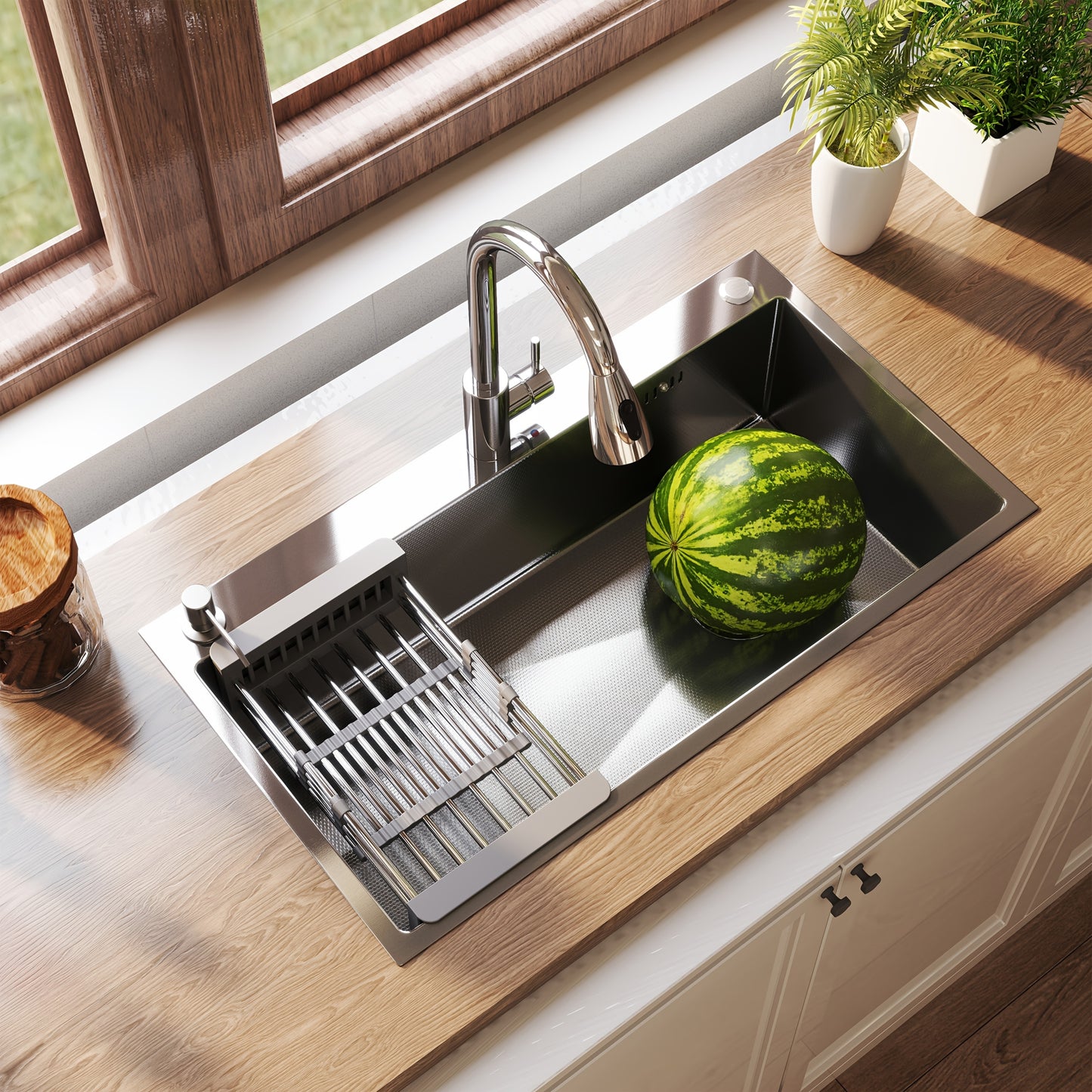 28" 30" 32" Kitchen Sink Stainless Steel Single Bowl Drop In Top Mount Imitation Honeycomb Nano Coating Single Bowl Kitchen Sink with Stainless Steel Drawable Faucet, Telescopic Basket, Soap Dispenser