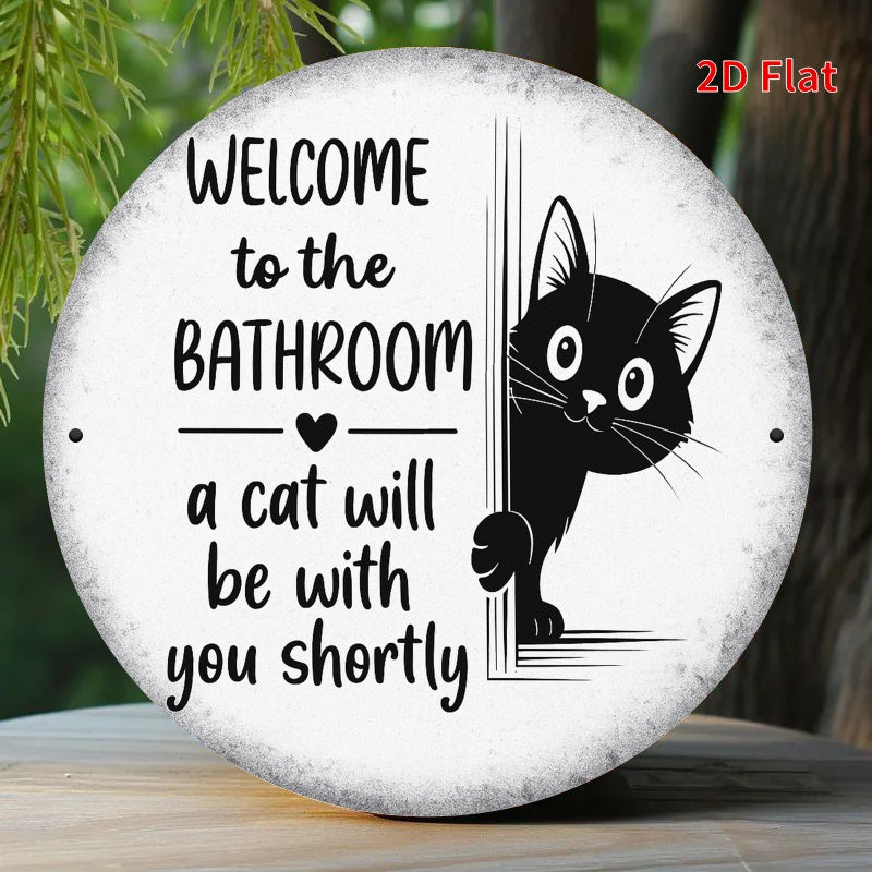 2D Flat, 2D Flat Printing Bathroom Cat Metal Plaque - Whimsical Black Cat with "Welcome to the Bathroom" Design, 7.8x7.8in, Ideal for Home, Office, Bedroom, Coffee Shop, Garage Decor - Perfect Holiday Gift, Cat Decor, Perfect