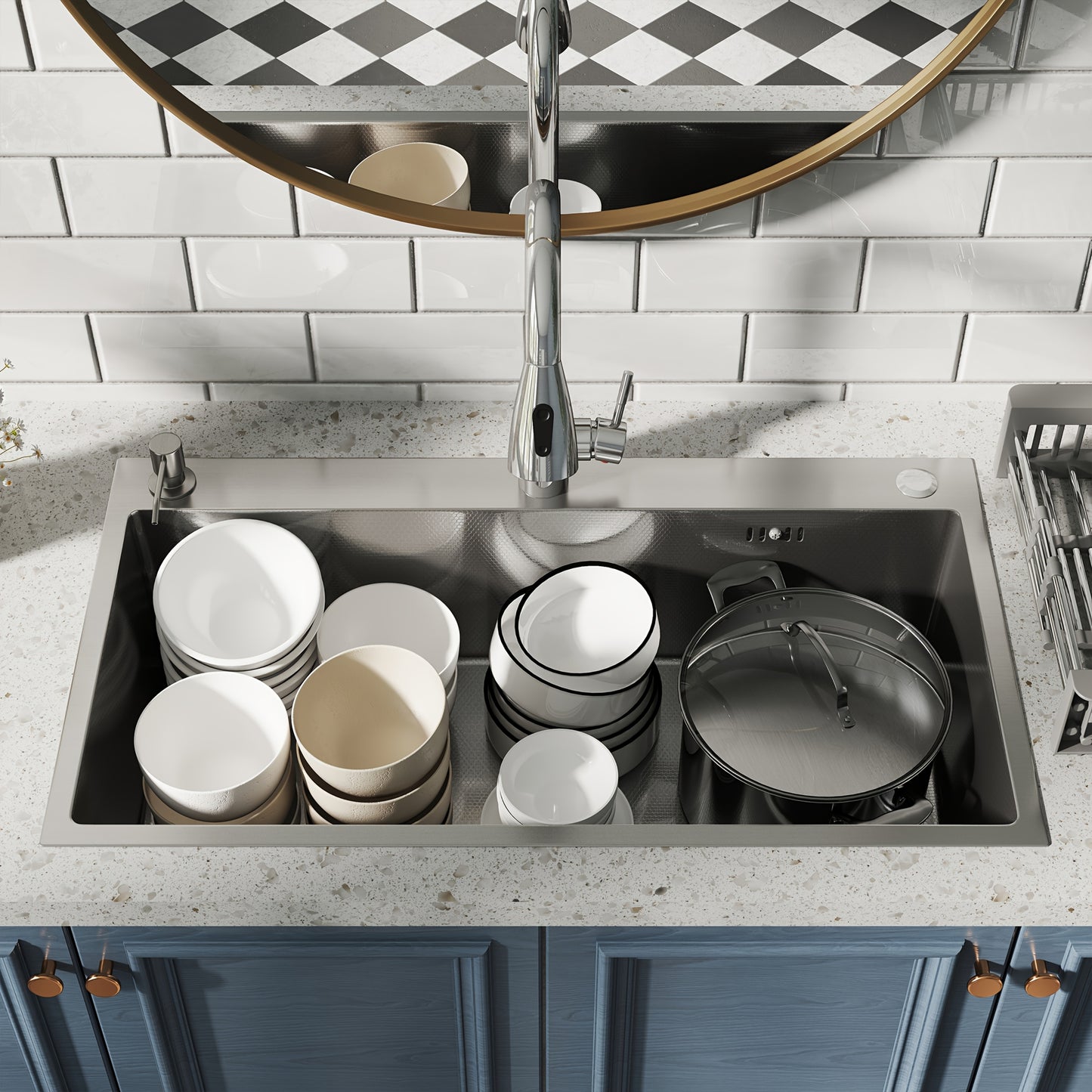 28" 30 "32" Kitchen Sink Stainless Steel Single Bowl Drip Top Installation Imitation Honeycomb Nano-coated Single Bowl Kitchen Sink Stainless Steel Retractable Faucet, Retractable Basket, Soap Liquid Dispenser, Cold And Hot A