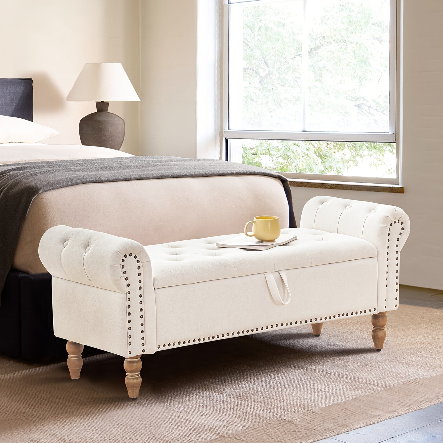 FURNIMART Luxury Mid-Century Modern Wooden Storage Bench with Roll-Up Arms - Large Capacity Flip-Top Design, Durable Recycled Wood, Easy Assembly for Bedroom, Living Room, Hallway