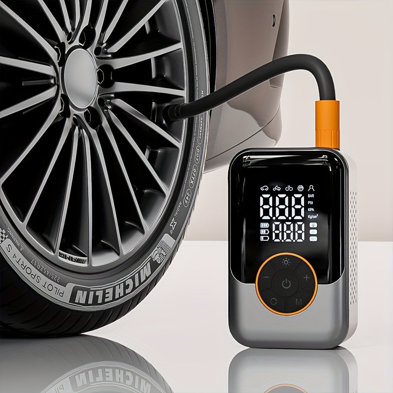 Portable wireless air pump with digital pressure gauge, built-in LED light and automatic pressure maintenance design, one-key smart air compressor, high-tech USB air compressor for cars, motorcycles, bicycles and sports equip