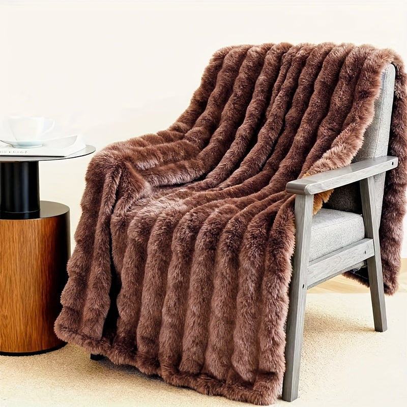 40"x60" Beige Faux Rabbit Fur Blanket - Plush Thick Bubble Texture All-Season Soft Cozy Bedspread, Beige-Tone Beige Furry Couch Cover for Bed, Sofa & - Luxury Bedding Accessory (No Pattern)