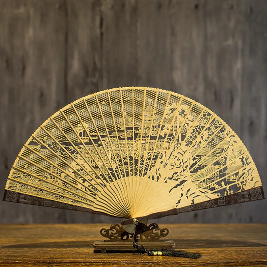 Chinese Sandalwood Fan - 7-inch Burmese incense wood hollowed-out carved folding fan, Chinese-style gift fan
