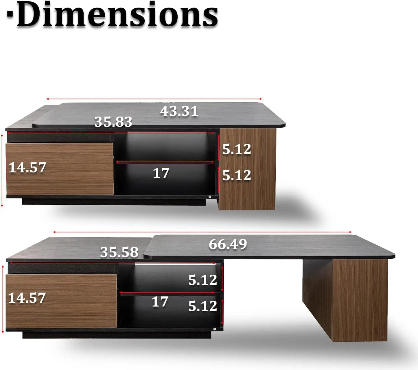 Extendable Coffee Table with Drawer 48-66'' Long Rectangle Mid Century Modern Coffee Table Large Storage Shelf Unique