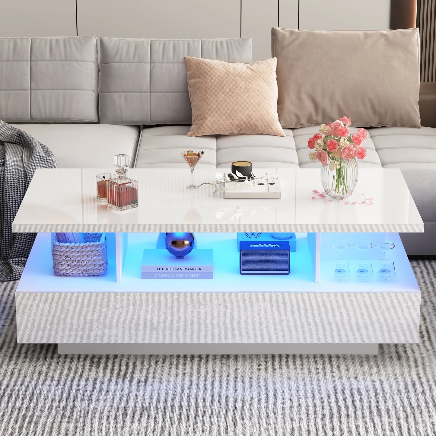 43 Inch LED Coffee Table w/2 Storage Drawers, Modern High Gloss Coffee Table w/Display Shelf, Rectangle 2-Tier Center Table