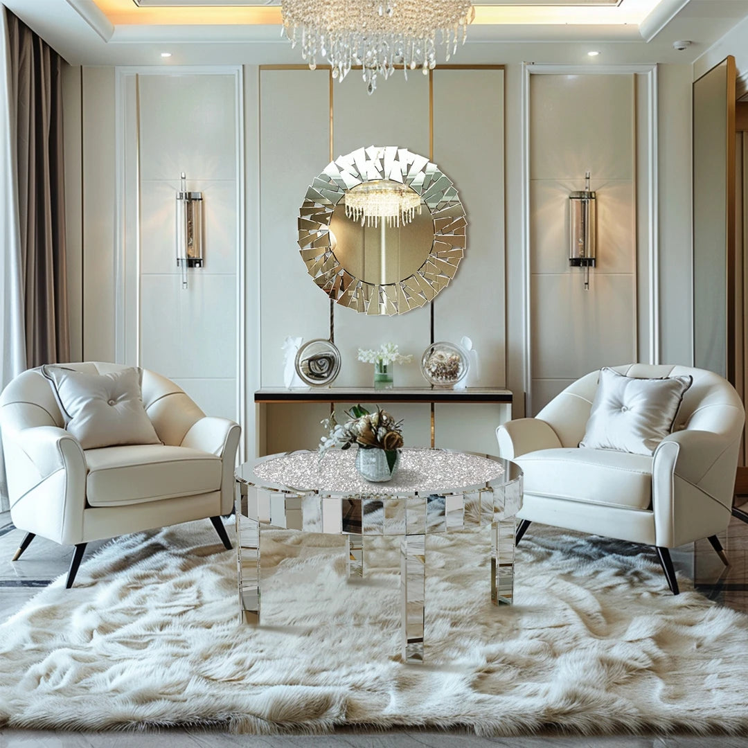 Luxury Round Silver Mirror Coffee Table Crystal Diamonds Inlay Accent Table Living Room Bedroom Modern Home Decor Furniture