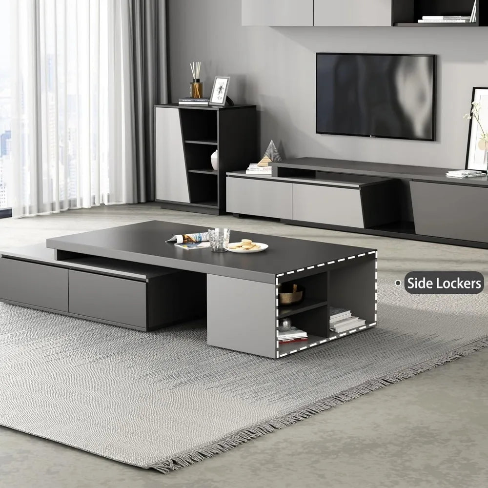 TROEC Extendable Modern Coffee Table with Large Storage Drawers, Black & Grey