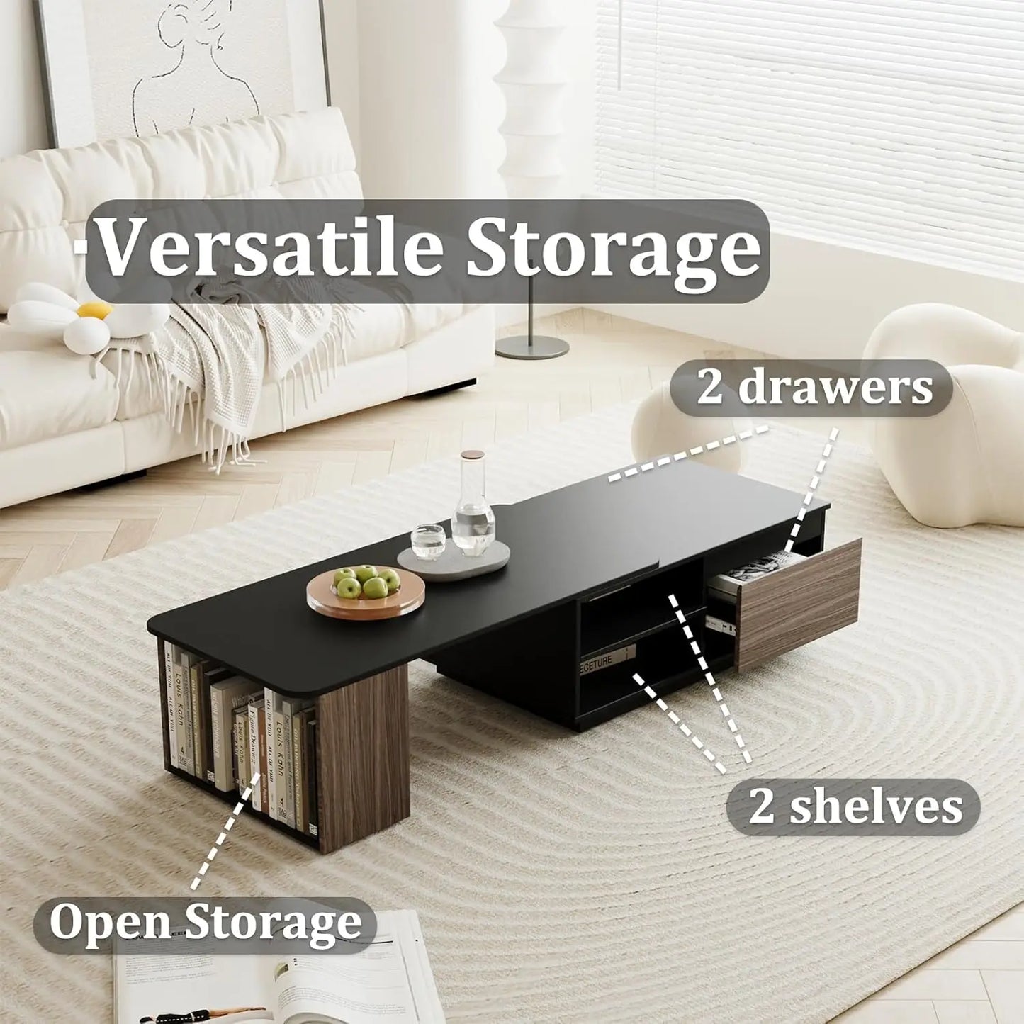 Extendable Coffee Table with Drawer 48-66'' Long Rectangle Mid Century Modern Coffee Table Large Storage Shelf Unique