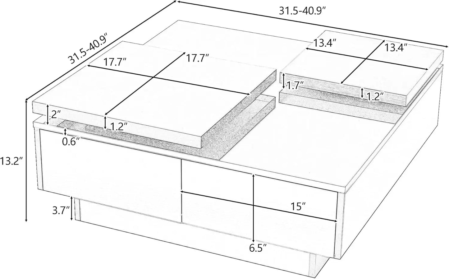 movable coffee table square high gloss surface, with 4 hidden storage drawers square center furniture for living room, black