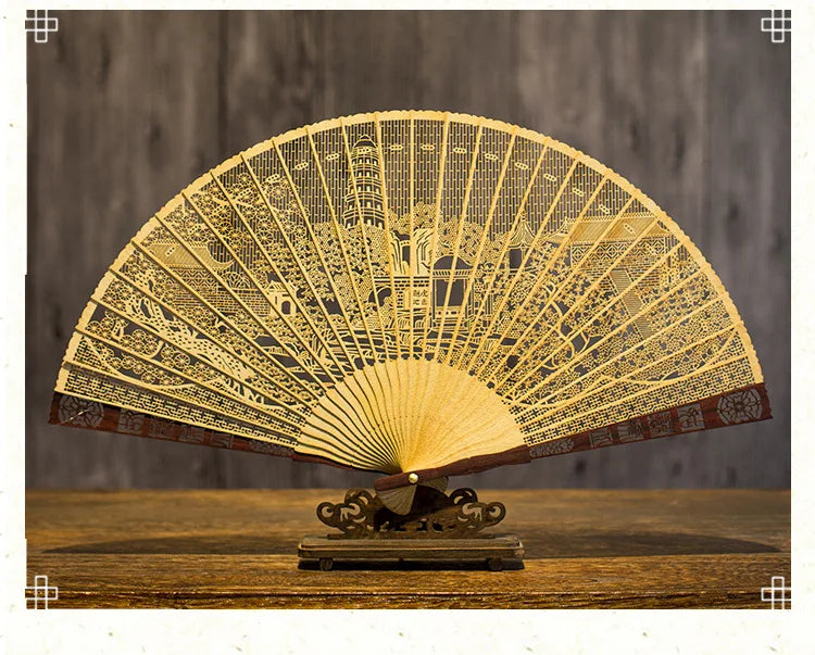 Chinese Sandalwood Fan - 7-inch Burmese incense wood hollowed-out carved folding fan, Chinese-style gift fan