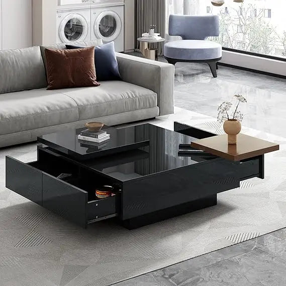 movable coffee table square high gloss surface, with 4 hidden storage drawers square center furniture for living room, black