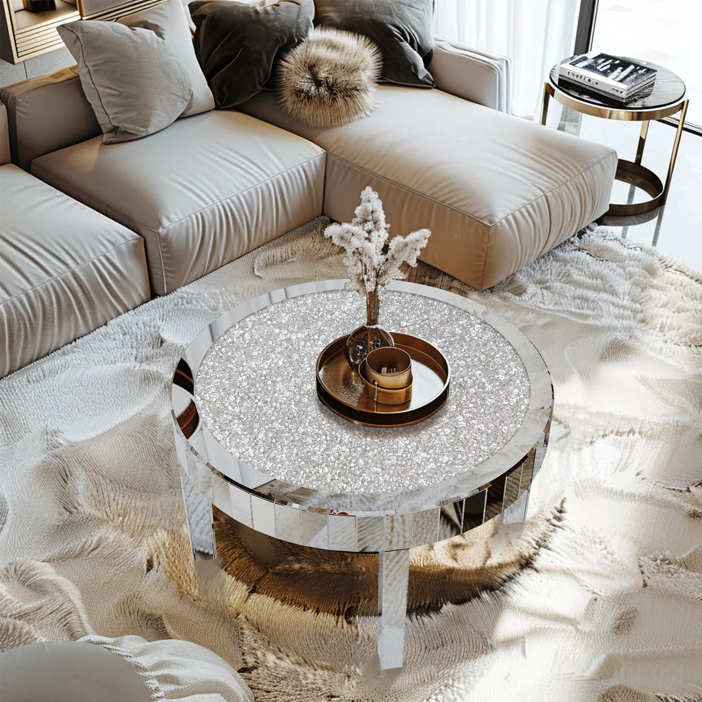 Luxury Round Silver Mirror Coffee Table Crystal Diamonds Inlay Accent Table Living Room Bedroom Modern Home Decor Furniture