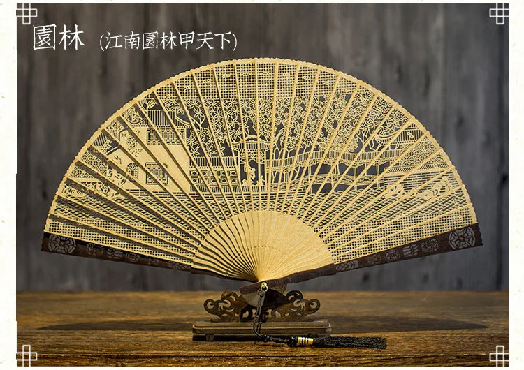 Chinese Sandalwood Fan - 7-inch Burmese incense wood hollowed-out carved folding fan, Chinese-style gift fan