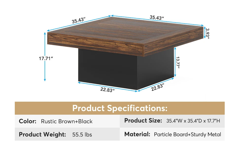 Tribesigns Coffee Table Square LED Coffee Table Engineered Wood Low Coffee Table for Living Room Rustic Brown & Black