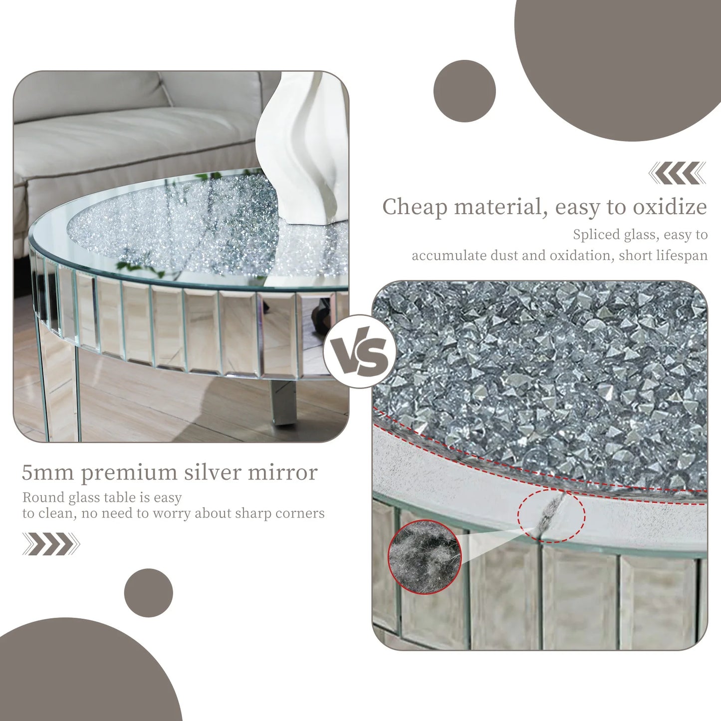 Luxury Round Silver Mirror Coffee Table Crystal Diamonds Inlay Accent Table Living Room Bedroom Modern Home Decor Furniture