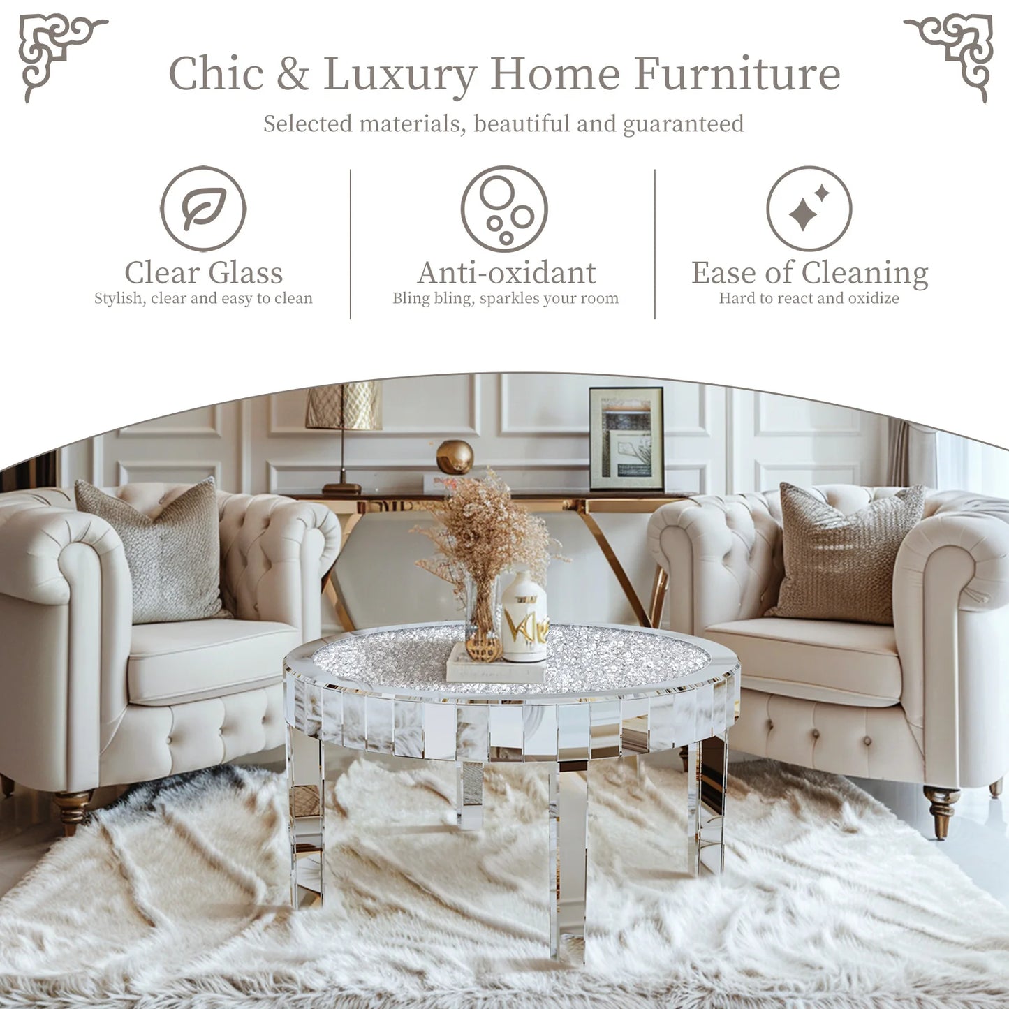 Luxury Round Silver Mirror Coffee Table Crystal Diamonds Inlay Accent Table Living Room Bedroom Modern Home Decor Furniture