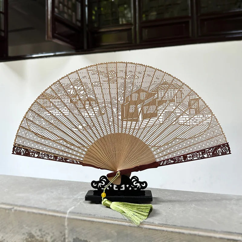 Chinese Sandalwood Fan - 7-inch Burmese incense wood hollowed-out carved folding fan, Chinese-style gift fan