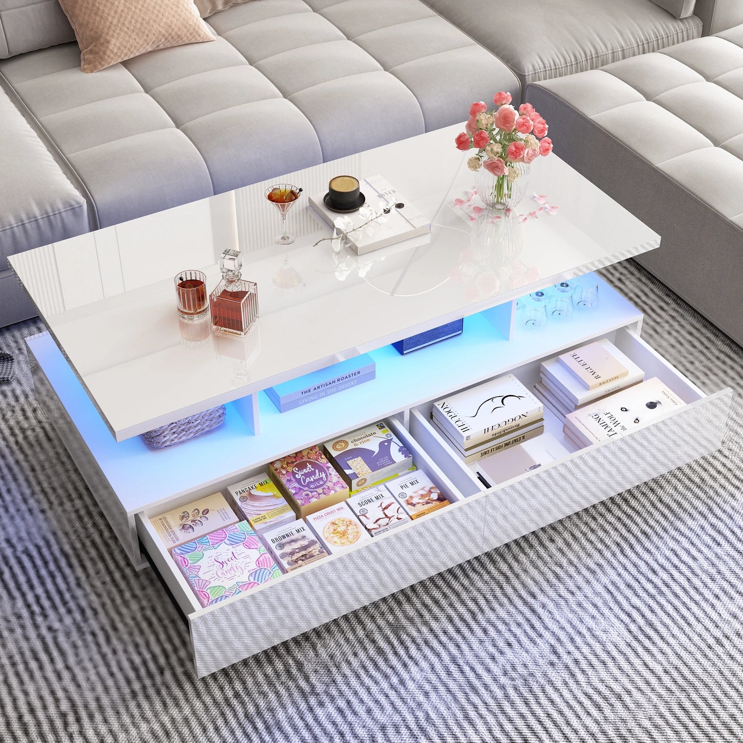 43 Inch LED Coffee Table w/2 Storage Drawers, Modern High Gloss Coffee Table w/Display Shelf, Rectangle 2-Tier Center Table
