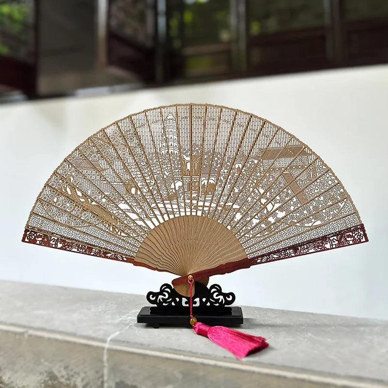 Chinese Sandalwood Fan - 7-inch Burmese incense wood hollowed-out carved folding fan, Chinese-style gift fan