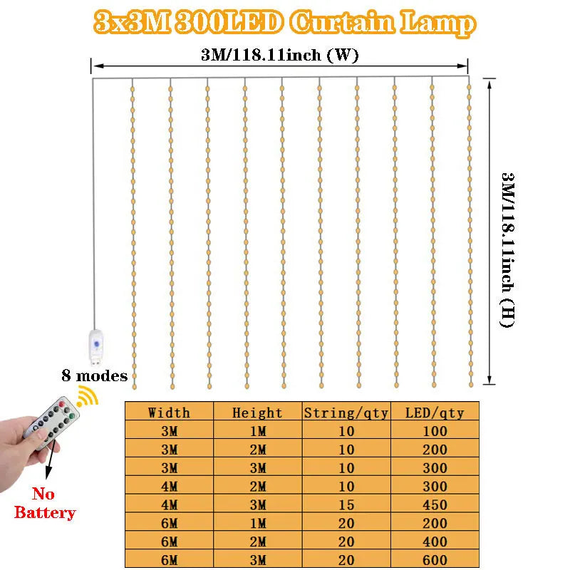 3M/6M LED Garland Curtain Lights 8 Modes USB Remote Control Fairy Lights String Wedding Christmas Decor for Home Bedroom Lamp