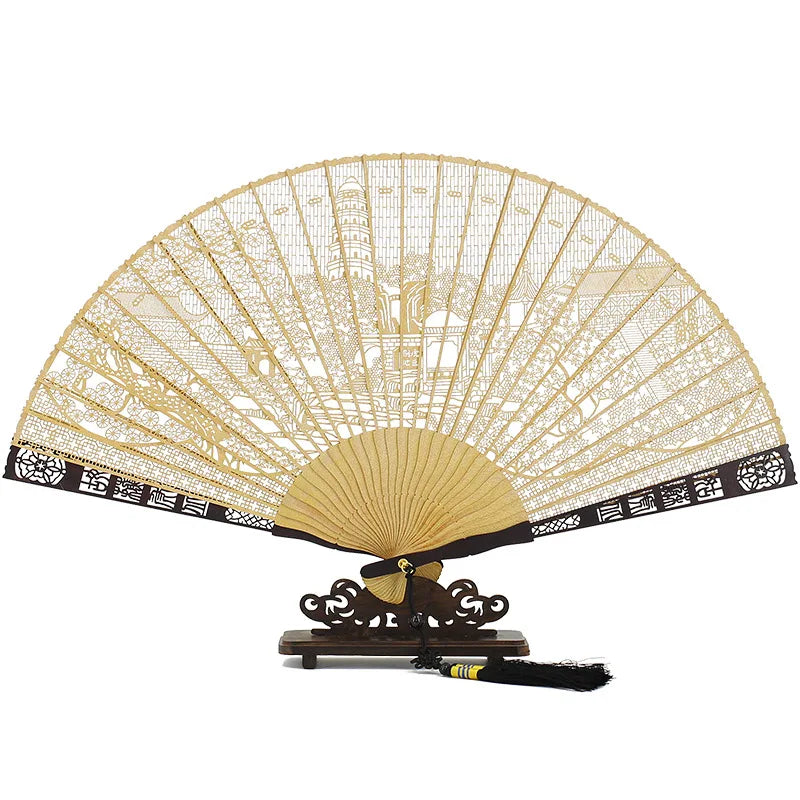 Chinese Sandalwood Fan - 7-inch Burmese incense wood hollowed-out carved folding fan, Chinese-style gift fan